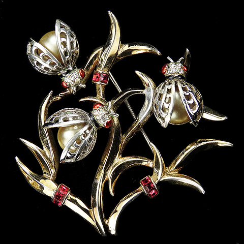 MB Boucher Sterling Gold and Pearls Three Ladybugs on a Branch Pin