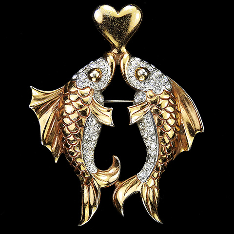 MB Boucher Gold and Pave Kissing Mr and Mrs Goldfish with Love Heart Valentines Fish Pin