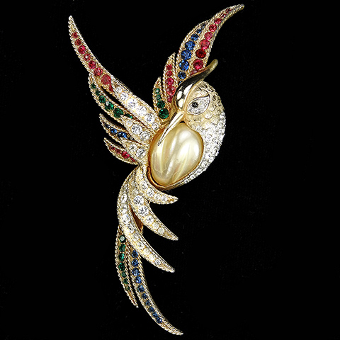 Boucher Gold Pave and Tricolour Stones Pearl Breasted Bird of Paradise Pin