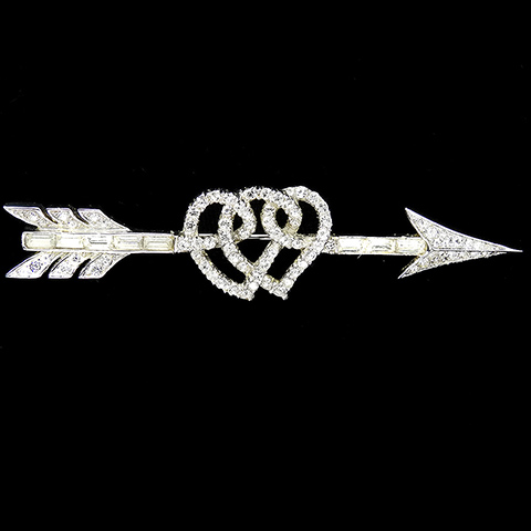 Boucher Pave and Baguettes Arrow Piercing Two Intertwined Pave Openwork Hearts Pin