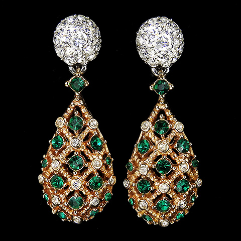 Boucher Gold Pave and Emerald Spangles Lattice Openwork Teardrop Pendant Clip Earrings