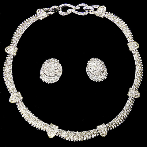 Boucher Silver and Pave Arched Segments Necklace and Clip Earrings Set