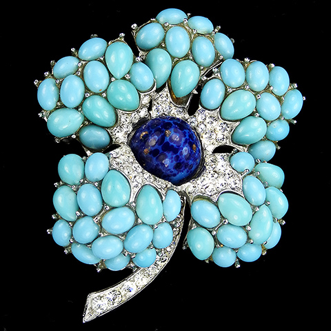 Boucher Pave Turquoise and Lapis Cabochons Flower Pin