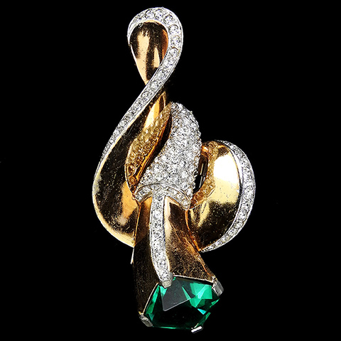 MB Boucher Gold Pave and Square Cut Emerald Deco 3D Bow Swirl Pin Clip