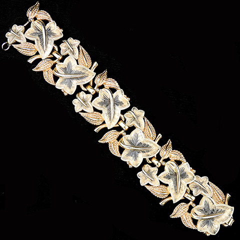 Boucher Textured Gold and Rock Crystal Fruit Salad Ivy Leaves Wide Floral Link Bracelet