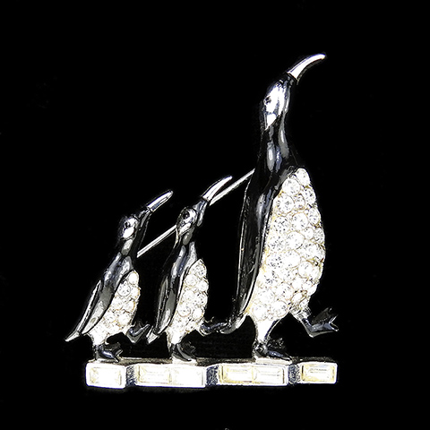 Boucher Pave Enamel and Baguettes Walking Mother and Two Baby Penguins Pin