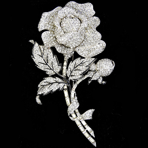 MB Boucher Pave Baguettes and Black Enamel Veined Leaves Giant Rose Flower with Bow Pin