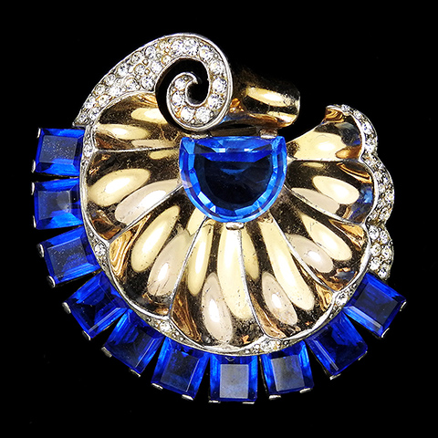 MB Boucher Sterling Gold Pave Square Cut and Demilune Sapphire Large Seashell Swirl Pin Clip