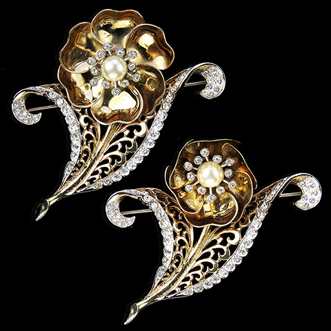 MB Boucher Gold Pave and Pearl 'Fleur de Nuit' Mechanical Opening and Closing Flower Pin