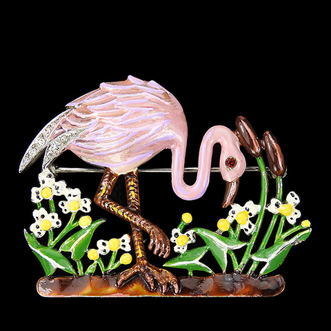 Deco Sterling Bullrushes Flowers and Wading Flamingo Bird Scene Pin