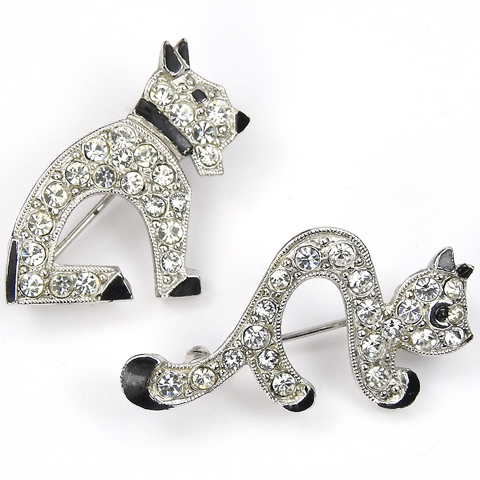 Deco Pave and Black Enamel Dog and Scared Cat Pair of Pins