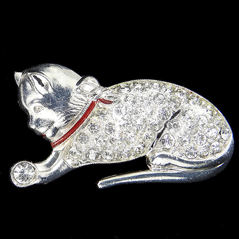 Deco Pave and Enamel Cat with a Red Collar and Bow Playing with a Rhinestone Ball Pin