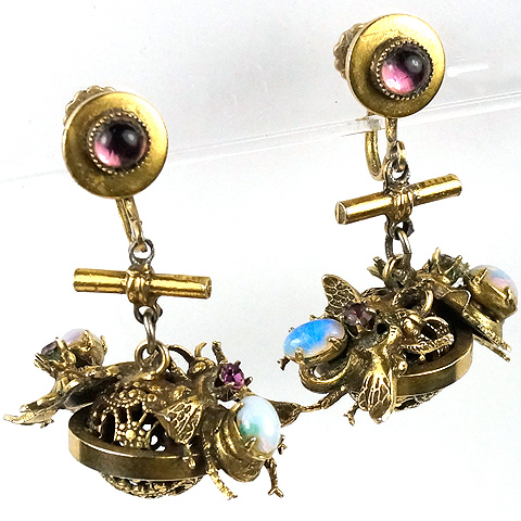 Gold Amethyst and Two Opal Belly Bugs on a Pendant Filigree Globe Screwback Earrings