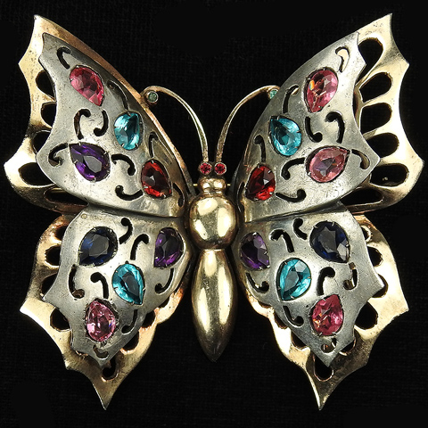 Deco Sterling Double Winged Silver Scrolls and Gold Openwork Multicolour Stones Butterfly Pin