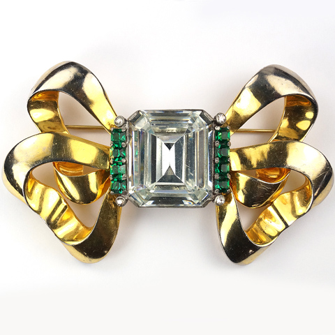 Eisenberg Original Giant Diamond Emeralds and Gold Double Bow Pin