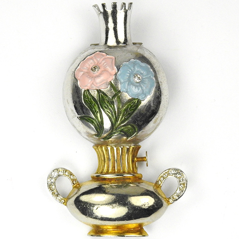 Silson Oil Lamp with Enamelled Flowers Decoration Pin Clip