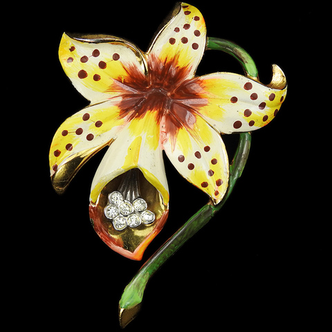 Alexander Korda 'Jungle Book' Gold and Enamel Yellow Orchid on Stem Pin