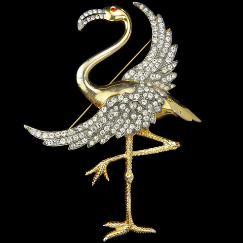Reinad Giant Gold and Pave Flamingo Standing on One Leg Bird Pin