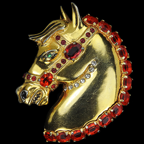 Eisenberg Original Gold Ruby Emerald Cabochon and Enamel Horse Head Pin Clip