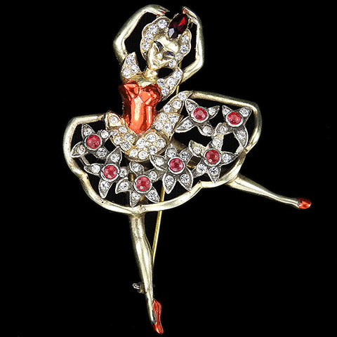 Eisenberg Sterling Gold Metallic Enamel and Rubies Ballerina Pin