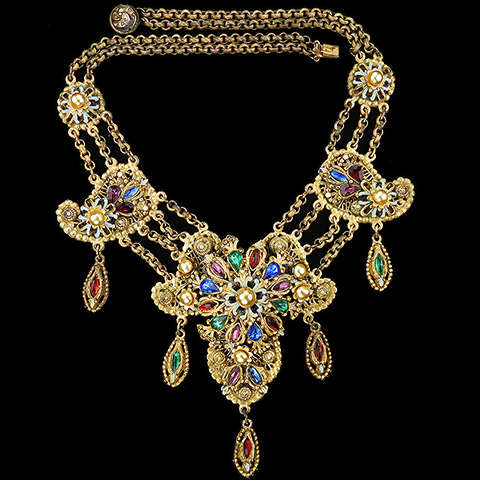 Alexander Korda 'Thief of Bagdad' Gold Pearls and Multicolour Stones Multiple Pendants Necklace