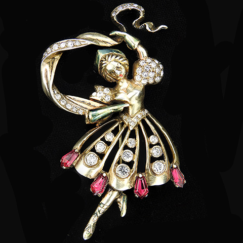 Eisenberg Sterling Gold Pave Metallic Enamel and Kite Cut Rubies Country Dancer Lady Ballerina Pin