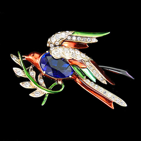 Eisenberg Original Sterling Pave and Metallic Enamel Emerald Large Lovebird on Branch Bird Pin