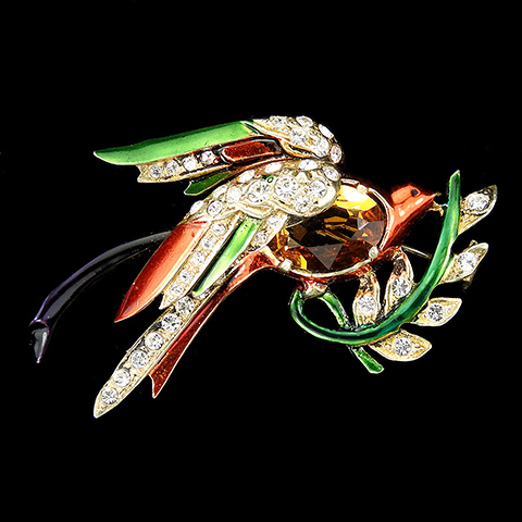 Eisenberg Original Sterling Pave and Metallic Enamel Topaz Smaller Lovebird on Branch Bird Pin