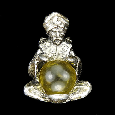 Alexander Korda 'Thief of Bagdad' Miniature Silver Genie 'Crystal Gazer' with Jelly Belly Citrine Crystal Ball Pin
