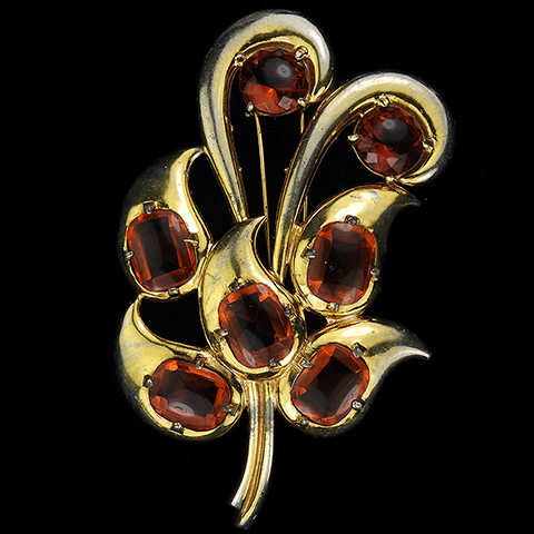 Eisenberg Original Gold and Rosecut Topaz Cabochons Giant Floral Leaf Pin Clip
