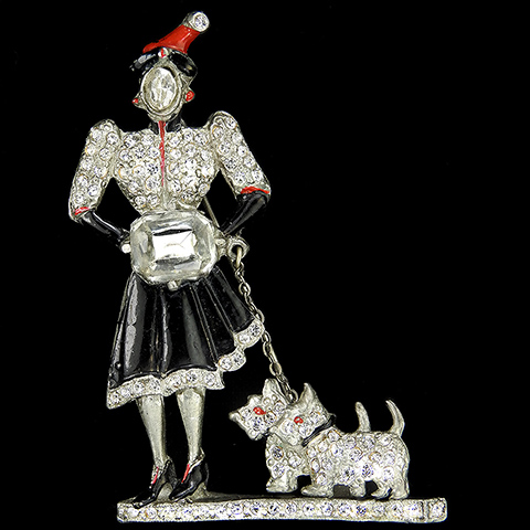 Staret Pave and Enamel Lady with a Diamond Muff Walking a Trembler Pair of Scottie Dogs Pins