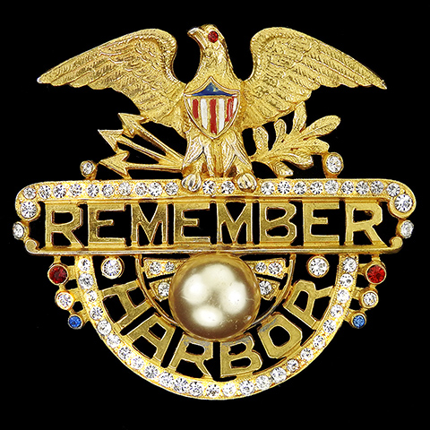 Staret Gold Openwork Pave Enamel and Pearl WW2 US Patriotic American Eagle Stars and Stripes 'Remember Pearl Harbor' Pin