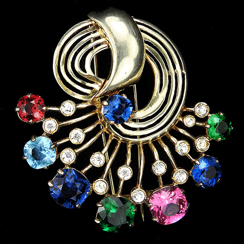 Eisenberg Sterling Gold Bow Swirl and Multicolour Gems Pin Clip