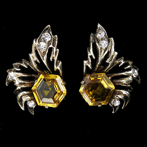 Eisenberg Original Sterling Gold Pave and Hexagon Cut Citrines 'Spider' Screwback Earrings