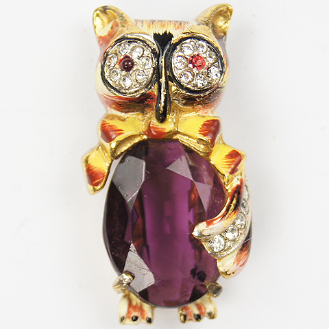 Corocraft Sterling Amethyst and Enamel Miniature Owl Pin Clip