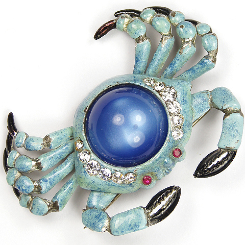 Coro Enamel and Sapphire Cabochon Blue Crab Pin