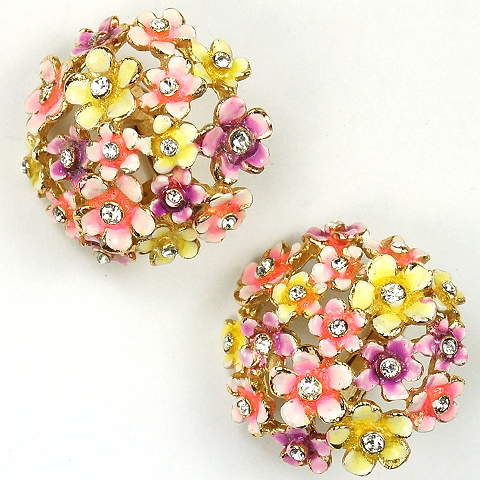 Corocraft Floral Enamel Button Clip Earrings