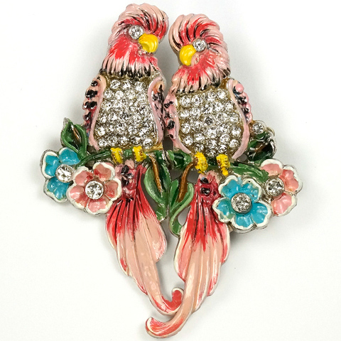 Coro Pair of Pave and Pink Enamel Lovebirds with Flowers Pins Duette