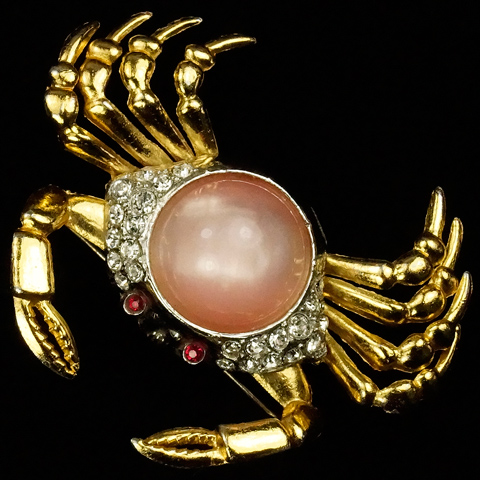 Coro (unsigned) Gold Pave and Pink Moonstone Crab Pin