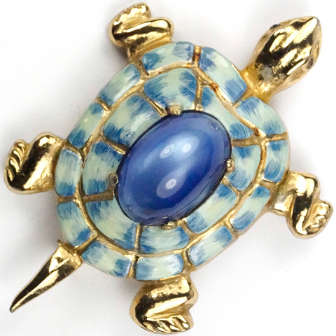 Coro Gold Enamel and Blue Moonstone Cabochon Turtle Pin