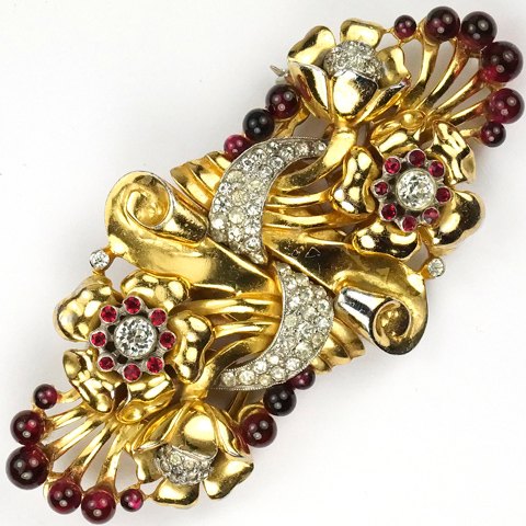 Coro Pave Ruby Cabochons and Two Gold Flowers Deco Dress Clip Duette