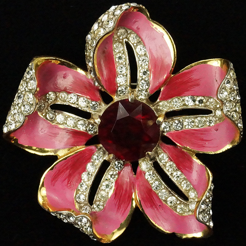 Corocraft Sterling Pave Pink Enamel and Ruby Opening Flower Pin