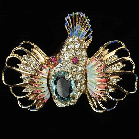 Corocraft Sterling Gold Pave Enamel and Aquamarine 'Rock Fish' Pin