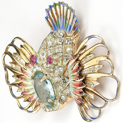 Corocraft Sterling Gold Pave Enamel and Aquamarine 'Rock Fish' Pin