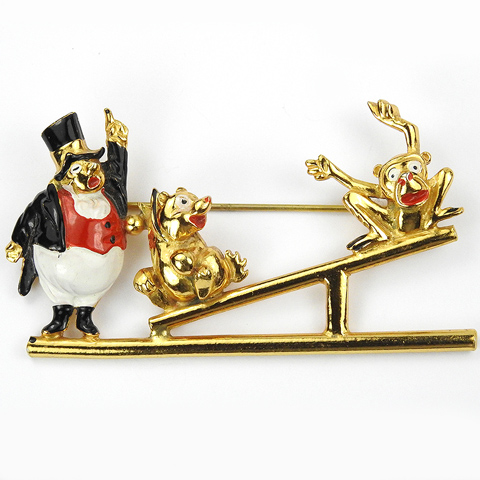 Coro 'Walt Disney' Dumbo Jewelry Gold and Enamel Circus Ringmaster with Bear Cub and Monkey on See-Saw Pin