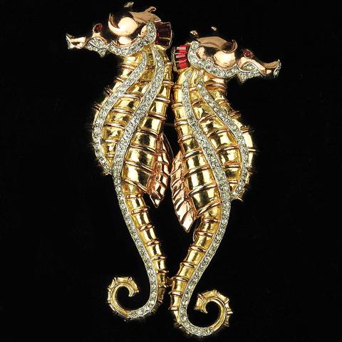 Coro 'Charles Pauzat' Two Colour Gold Pave and Invisibly Set Rubies Giant Pair of Seahorses Pin Clip Duette