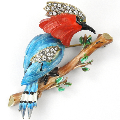 Corocraft Pave Blue and Red Enamel Trembler Woodpecker on Branch Pin