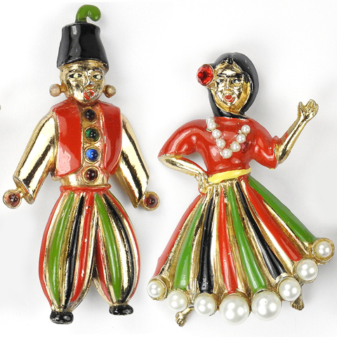 Coro Gold Enamel Cabochons and Pearls Pair of Dancing Lady and Gentleman in Ethnic (Gypsy?) Costume Pins