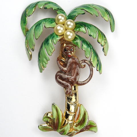 Coro Gold and Enamel Monkey Climbing a Palm Tree with Pearl Coconuts Pin