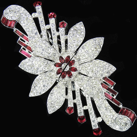 Coro Pave and Invisibly Set Rubies Giant Starflower Dress Clips Duette